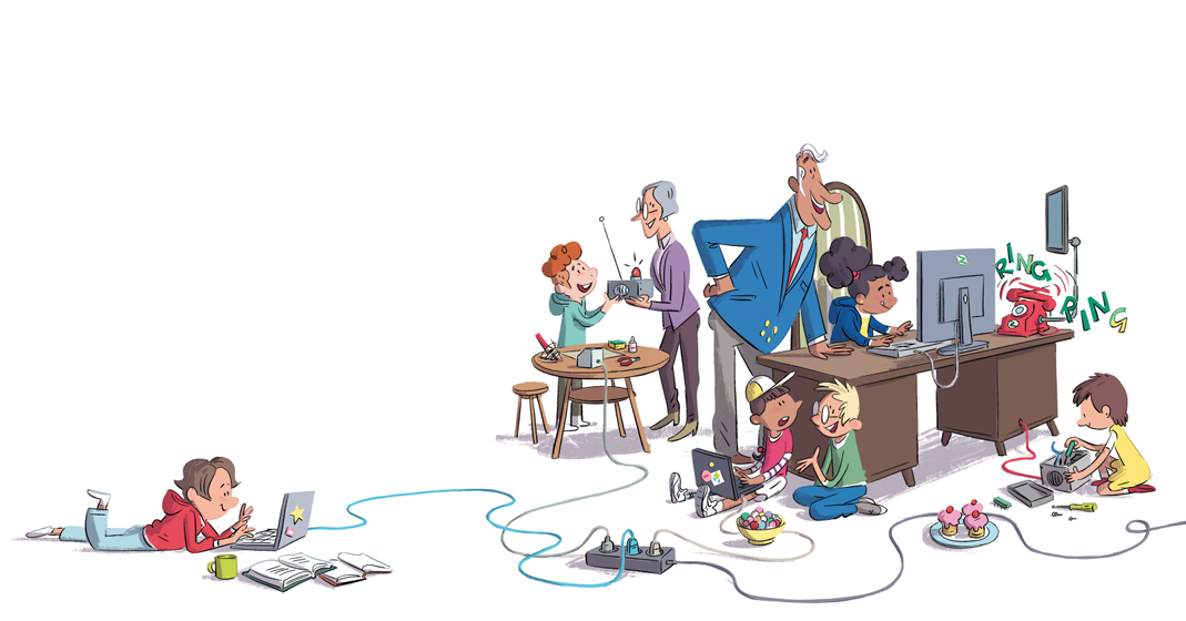 Illustration de Sandra Brandstätter représentant la petite Ada et ses amis travaillant de façon collaborative sur les ordinateurs du gouvernement.